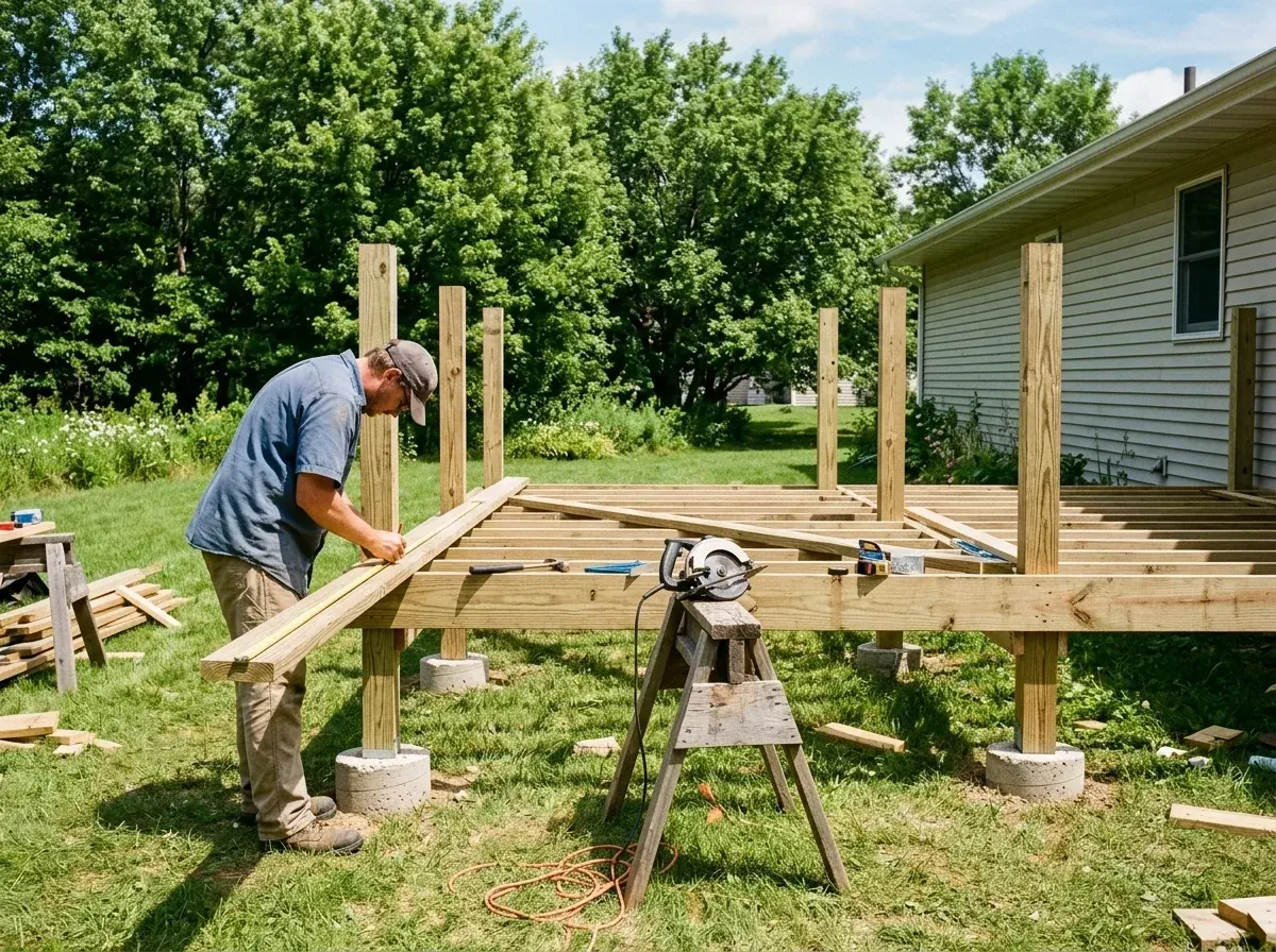 A backyard deck frame on concrete footings in summer