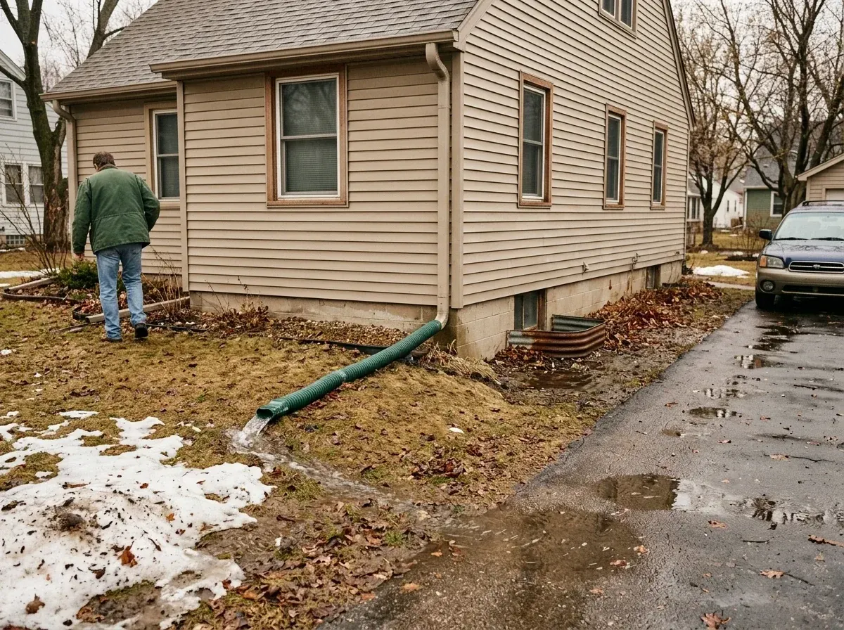 Meltwater running from a downspout across a soggy spring lawn